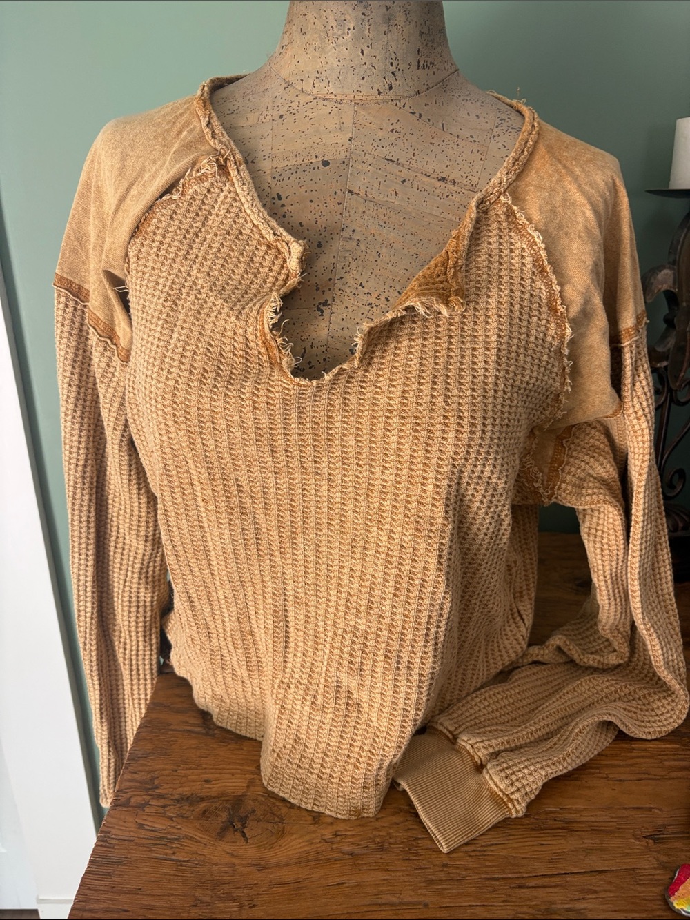 BDG Distressed Waffle Knit V-Neck Sweater in Camel